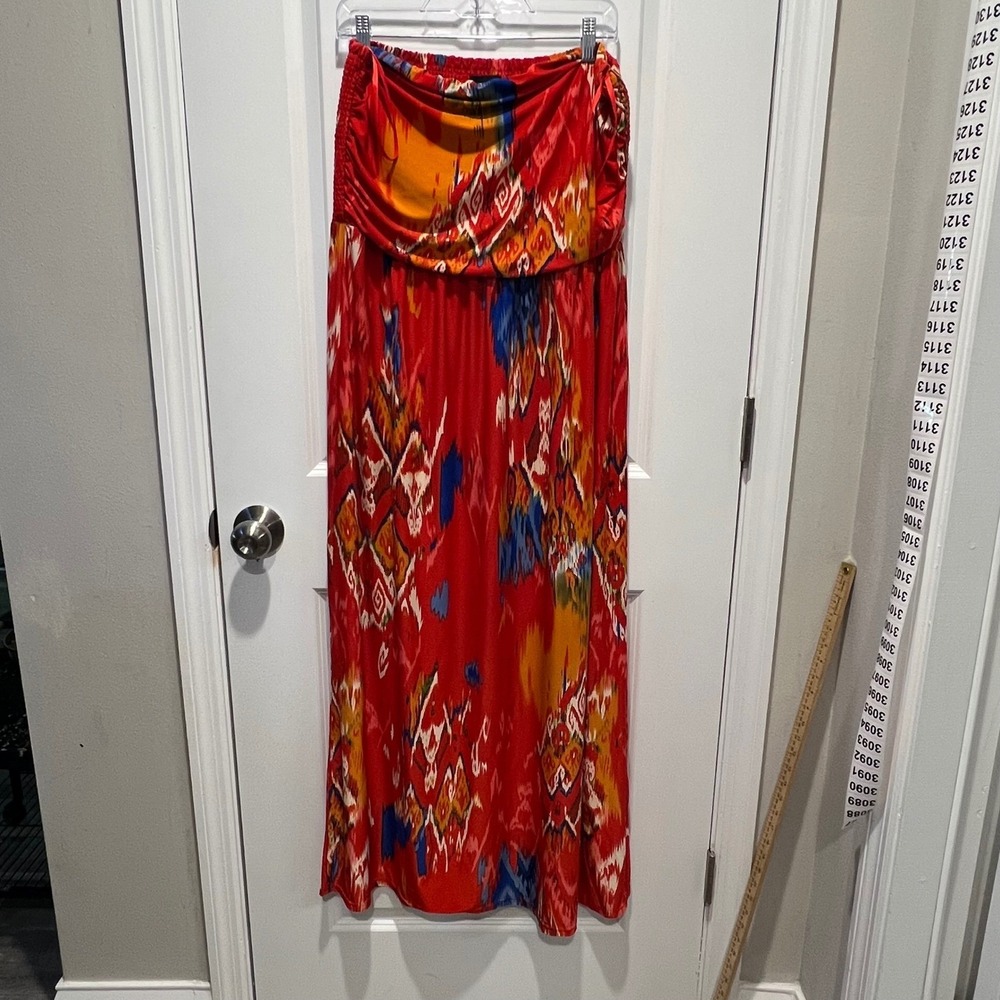 Gabrielle Women Strapless Maxi Dress Red Orange Blue Ikat Smocked 2X